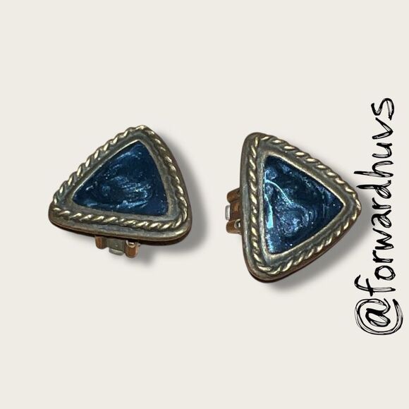 Bundle Sale 3 for $15 | Classic Gold Blue Enamel Clip-On Earrings - Picture 1 of 7